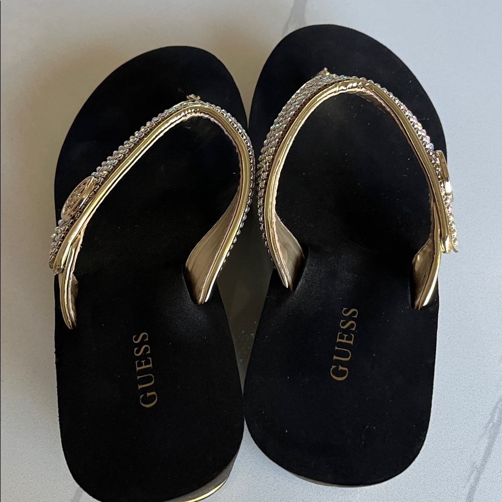 Guess Black & Gold Jeweled Platform Thong Sandals - Picture 2 of 6